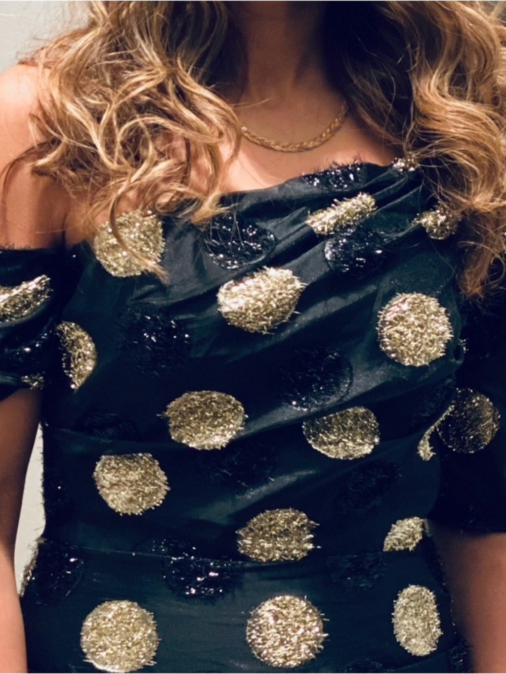 Milly Black One-Shoulder Dress with Gold Polka Dots